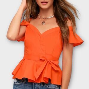 Anthropologie ASTR Carly Off-the-Shoulder Wrap Top in Coral Orange Size S NWT